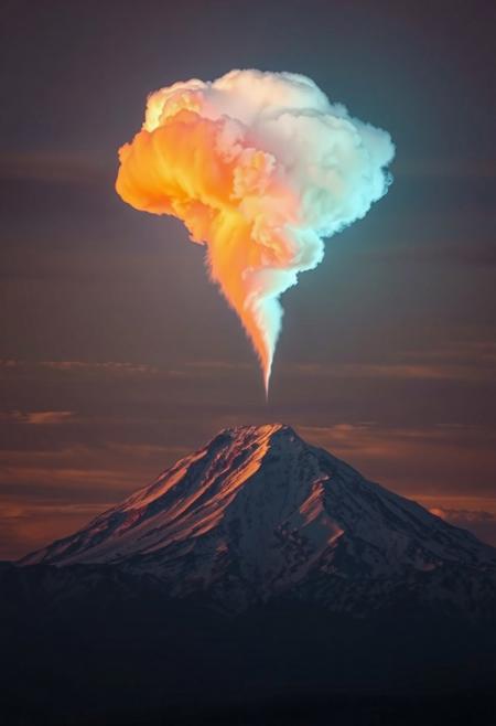 JNANX,luminous white silhouette,cyan glow,emerald highlights,flickering outline,dreamlike movement,
A breathtaking natural phenomenon unfolds in the sky, where a vibrant, fiery cloud formation, resembling an abstract, glowing entity, hovers directly above a majestic, snow-capped peak. The cloud itself, bathed in hues of orange and red from the setting or rising sun, possesses an ethereal, almost otherworldly luminescence, standing out dramatically against the darker, more subdued tones of the surrounding sky. Its distinctive, elongated shape, with intricate swirls and glowing edges, suggests a unique atmospheric occurrence, possibly a lenticular cloud catching the last rays of sunlight. Below, the grand mountain, its upper slopes covered in pristine white snow, dominates the landscape, its massive form providing a stark, grounding contrast to the fiery spectacle above. The lower parts of the mountain blend into a darker, silhouetted foreground, suggesting a distant landscape with hints of vegetation. The overall scene evokes a sense of wonder and awe, capturing a rare moment of natural beauty where light, clouds, and a towering landform converge in a stunning display.