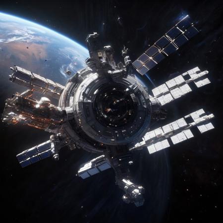 Design a breathtaking scene set in the vastness of space, where a futuristic spaceship is gracefully docking with a massive space station. Imagine this spacecraft as a marvel of human engineering, with sleek lines, glowing accents, and an array of advanced technologies on display. The space station, a towering structure with intricate details and multiple docking ports, serves as a bustling hub of interstellar activity.
As the spaceship aligns perfectly with the docking bay, highlight the intricate dance of mechanical arms and magnetic locks securing the two structures together. Add a dramatic touch with a vibrant nebula glowing in the background, its vivid colors contrasting the dark void of space. Enhance the sense of depth and movement with stars streaking across the scene, creating a captivating starfield.
Include subtle lighting effects to showcase the reflective surfaces of the spaceship and space station, emphasizing their metallic sheen. Perhaps add a few smaller vessels or spacewalkers nearby, providing a sense of scale and additional visual interest. The overall composition should evoke a sense of wonder, showcasing the beauty and excitement of space exploration and the potential of human ingenuity in the future.