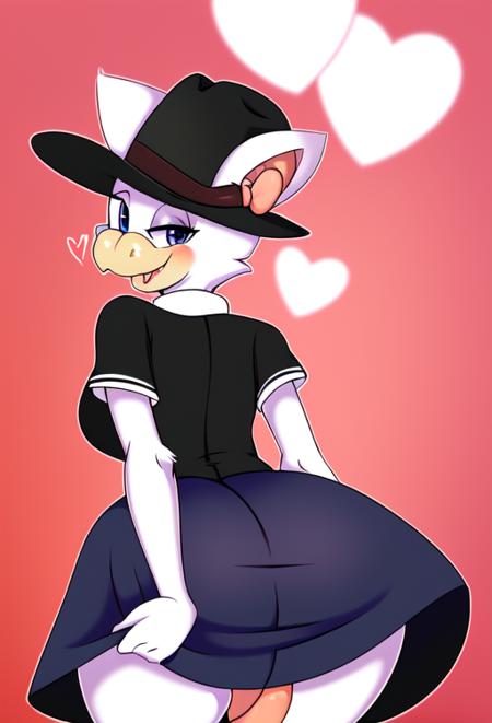 toontown_bat, (white_fur), cute, back side, posing, nice butt, cock in butt, 1girl,  (female, solo_focus), looking back, smiling, (thicc booty), on_model, ( large animal penis), furry, (bending over), (exciting), sweating, (hearts over head), loose shirt, loose skirt, 2d, cum on ass, (sexual, sexy, sexual content), uploaded to (e621, pixiv, deviantart), [sharp focus, antialiasing], (wearing fedora,  wearing square rims),  (seductive, looking back),, (black pupils), (peach_colored snout), (taking it in), on model, (perfect face, perfect body), <lora:toontown_bat:1>