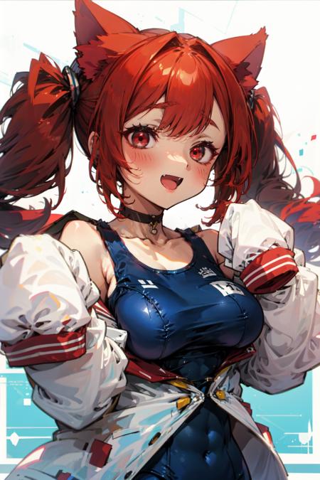 <lora:I19x-000005:0.8>,i19x,red eyes, red hair, short twintails, school swimsuit,open jacket,white jacket,white thighigs