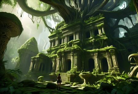 Fantasy-style image depicting a Lara Croft type character wandering through a mystical forest scene with a large, overgrown temple integrated into the landscape. The layout features towering, intricately carved alien gods made of stone, weathered and cracked, covered in moss and vines, being absorbed into the landscape with dense foliage surrounding them. Sunlight filters through the thick canopy above, casting a soft, ethereal glow on the scene. The forest is rich with greenery, including various plants and trees, creating a sense of ancient, untouched nature. The overall atmosphere is serene and magical, evoking a sense of wonder and mystery.