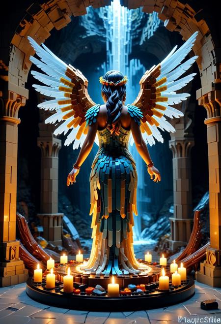 masterpiece, best quality, amazing quality, very aesthetic, realistic, fisheye lens:0.7,  (depth of field), LEGO, LEGO stalactites, 
Dark room, candles, cave walls made of crystal and translucent LEGO, scenery made of roots and LEGO, fantasy \(theme\), (side view:1.4), 
Statue of winged woman made of LEGO, dynamic pose,
open arms, arched back, open hands, bent wings made of LEGO plumes,  greek ((long)) flowing toga, (((sfw))), one foot behind,
(no people in the background),