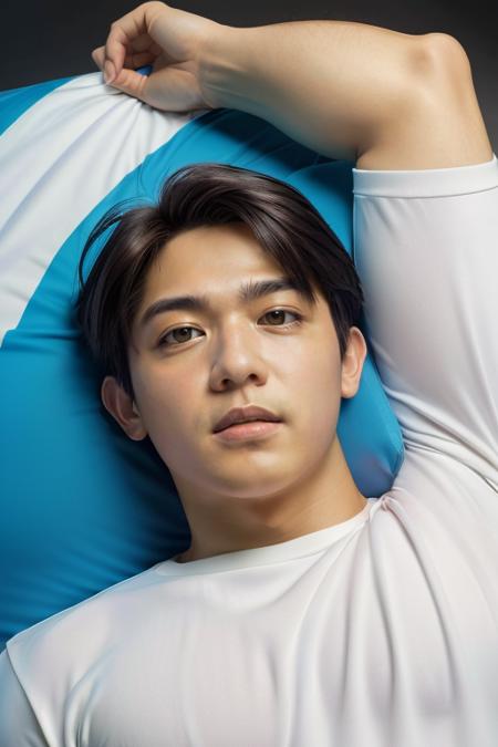 mark reyes, lying down, hunk, face, front upper body, dry fit shirt, muscular  (absurdres, highres, ultra detailed) ((masterpiece)), ((best quality:1.1)), High Resolution, 8k,1boy, best quality, masterpiece, (photorealistic:1.4), 4k, high quality, masterpiece, best quality, highres, dynamic poses, realistic, mature male, looking at viewer,  <lora:mark-reyes-09 (1):1> <lora:photorealistic02:0.3>