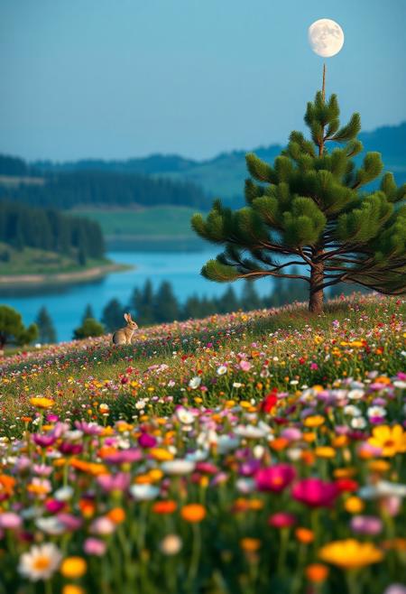 masterpiece, best quality, ultra-detailed, realistic, 8k, pine tree, flowers fields, many kinds of flowers, a couple of rabbits on very distant, lakes, meadows, glitter, moonlight, out-of-this-world scenery, lifelike, naturalism, greatest naturalism photo, immaculate detailed realism photography, rich colors, best colors perfect composition, perfect colors, colorful, clear photo, intrigue nature panorama, delicate nature photo, immaculate micro-details nature elements, (out-of-this-world scenery:1.23), beautiful landscape, beautiful flowers, crystal fantastic, breathtaking beautiful nature, unmatched beauty nature, more nature elements, rich nature elements, beach, (awards winning photography:1.37), trending on artstation, real life photo realistic, perfect proportion, aesthetic, artistic style, surreal, insanely lifelike, top best naturalism photography, greatest detailed, intricate nature details background, depth of field, no human, detailerlora,