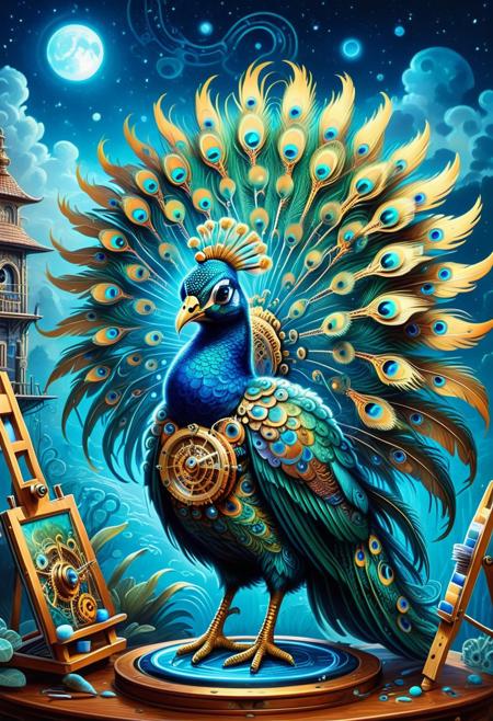 embedding:lazypos, animal, feral animal, surrealist animal, no human, sfw, 
The Clockwork Peacockamthus
Character: A peacock fused with a protea flower, its feathers made of intricate glowing  gears that tick as they fan out.
Activity: Painting an upside-down landscape on a floating easel.
Background: A studio where the brushes move on their own, and the glowing swirls into living creatures.
Tragic Origin: It was an artist cursed to see the world in reverse—now it can only paint what it cannot understand.
Glowing Transformation: The gears in its feathers glow blue when it captures a memory perfectly.