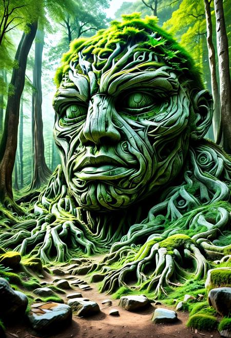 score_9,score_8_up,score_7_up, PG-TR, This is a vibrant, fantasy illustration of a large, golem-like figure that appears to be made of stones and rocks, partly overgrown with lush green foliage. The figure stands in a forested environment, with trees and plants surrounding it, and in the background, ruins or other stone structures are visible. The sky above is clear blue with some white clouds, indicating a sunny day.
The colossus itself is impressively large, with a broad posture and thick, robust limbs. Its body is a mix of gray and brown stones, some smoother than others, with cracks and moss growth emphasizing its age and natural integration. The most striking feature is the dense layer of bright green leaves covering large parts of its torso, shoulders, and upper legs, as if it has become part of the forest itself.
The colossus's face is somewhat human-like, with a stylized, flat nose and indentations suggesting eyes, all formed from stone. The overall atmosphere of the image is one of wonder and mystery, fitting for a fantasy world. <lora:Treeroots_0_90_multi2_Handprocessed_V2:1>