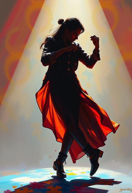 In the soft glow of the immersive environment, a dance of light and shadow plays across the figure of a musician, capturing the emotional depth of their performance. Bold outlines define their silhouette, while vibrant and stark contrasts in the soft lighting enhance the emotional intensity of the scene. This exquisite painting radiates with vibrant energy and evokes a sense of profound connection between music and movement.