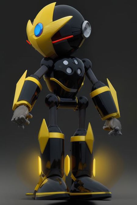 Gemerl, black robot, fin-like yellow kneecaps, fin-like yellow objects on forearms, spherical head with a gray mouth plate, blue eyes with red rims, and a curved yellow horn, blue gem in forehead
