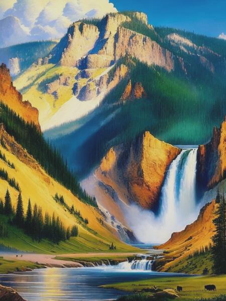 <lyco:ThomasMoran:1.0> yellowstone national park in the style of thomas moran. there should be a bison and a waterfall in the picture.