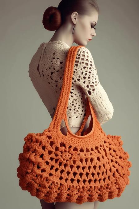 <lora:CROCHETED:1>CROCHETED - Editorial style, model with bolso luis vuiton style crochet.