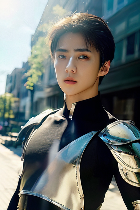 1boy, solo, male focus, (looking at viewer,close-up:1.2), short hair, armor, crystal fractural, reflections, dramatic lighting, refraction, realistic, photorealistic (masterpiece, best quality)(mid body), outdoors, out of the city, border light