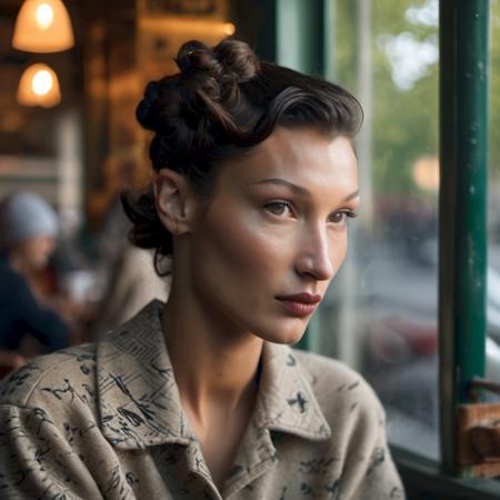 bellahadid <lora:bellahadid_lora_xl:1> a close up portrait photo of a beautiful 26 y.o woman in a paris cafe, wearing vintage clothing, moody, vines, organic, modern, (high detailed skin:1.2), 8k uhd, dslr, soft lighting, high quality, film grain, Fujifilm XT3