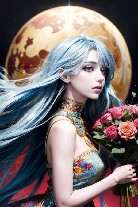 1girl,light blue hair,long hair,red eyes,expressionless,dullyarts,flower field,gorgeous costume,kingly,holding roses,concept art,colorful palette,fallen-leaves,fine art parody,(photorealistic),(low shot:1),(abstract background, zentangle, fractal art:1.3),official art,unity 8k wallpaper,ultra detailed,beautiful and aesthetic,masterpiece,best quality,(dynamic angle),(dynamic pose),glowing skin,(floating colorful sparkles:1) the most beautiful form of chaos,elegant,a brutalist designed,vivid colours,romanticism,classic<lora:classic_pen:0.4>,<lora:beautifulDetailedEyes_v10:0.5>,<lora:Asian girls faceV2:0.5:FACE>, <lora:more_details:0.5>