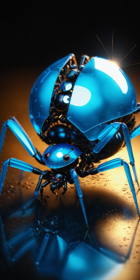 Mechanical robotic cute realistic bright blue insect (Spider with a spherical abdomen that is sleek and shiny.  Hourglass shaped, the abdomen is larger than its head and thorax, which are fused together. Like a small, plump black ball connected to a smaller, black head) with many small and large eyes standing in background complete black, unsettling, wide angle, nighttime, 
subsurface scattering, ultra hd, 4k, high def, Photorealistic, Hyperrealistic, Hyper detailed, analog style, realistic, masterpiece, best quality, ultra realistic, 8k, Intricate, High Detail, film photography, soft lighting,  heavy shadow
<lora:epi_noiseoffset2:1>, <lora:add_detail:0.8>, <lora:add-detail-xl:1> <lora:xl_more_art-full_v1:0.5>
<lora:KK_paperCut_v1:1>, paper_cut, (fractal art: 1.4)