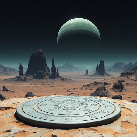 High-resolution, landscape image featuring a circular metallic platform in the foreground, laying on a flat rocky outcrop . The stone platform has intricate raised carvings, depicting strange alien symbols. In the background dark granite spires rise majestically from a dry and barren landscape. In the star splashed, inky black sky a spectacular gas giant planet, its atmosphere a swirl of green and blue, rises above the horizon . The overall composition is balanced, with the stone platform as the focal point, leading the viewer's eye towards the distant mountains and dramatic sky.