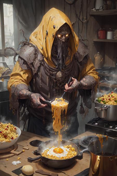 <lora:Hastur-000001:0.71> hastur, king in yellow,  cooking, scrambled_egg, wok, from_above,, (masterpiece:1.3), (best_quality:1.3), (ultra_detailed:1.3), 8k, extremely_clear, realism, (ultrarealistic:1.3),, insane details, intricate details, hyperdetailed, ultra detailed, extreme detailed, highest detailed, high_detail, colorful, beautiful, hdr, photorealistic, highres, ultra_high_res, photography, aesthetic, extremely_delicate,