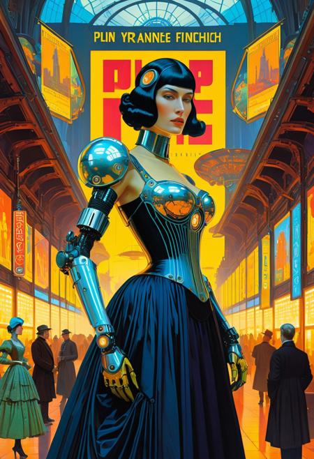 by John Harris and Gwen John and Caspar David Friedrich and Alphonse Mucha, pulp magazine illustration, portrait of a cyborg lady, mechanical limbs, silver ornaments, looking to the side, black hair, bright neon colours colors, wearing a dress with billowing skirt, thin fabric, dark large halls with strange objects in exhibition hall in background, advertising signs in the background, view from above, cyberpunk city, detailed background