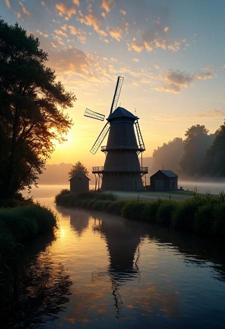 Windmill Beside a Reflective River at Dawn
A towering windmill stands beside a still river at dawn, its reflection perfectly mirrored in the calm water as morning mist rolls across the scene. Ivan Shishkin’s mastery of natural landscapes enhances the lush greenery and tranquil surroundings, bringing life to the riverbank. Robert Cottingham’s geometric precision defines the windmill, capturing its architectural form with striking clarity. Michael James Smith adds photorealistic depth to the reflections in the water, making the entire scene glow with serene beauty as the first light of day breaks over the horizon.
vivid colors. 
detailmaximizer, aidmaMJ6.1,  Movie Still, Film Still, Cinematic, Cinematic Shot, Cinematic Lighting, detailxl, flux-style, midjourneyv6.1