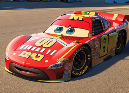 race car, cartoon,car, nascar, vehicle, detailed, cg, detailed eyes and mouth, 3d rendering, pixar, eyes, looking at viewer, hq rendering <lora:pixarcars:1.2>, ho humans, character art, white background, official art