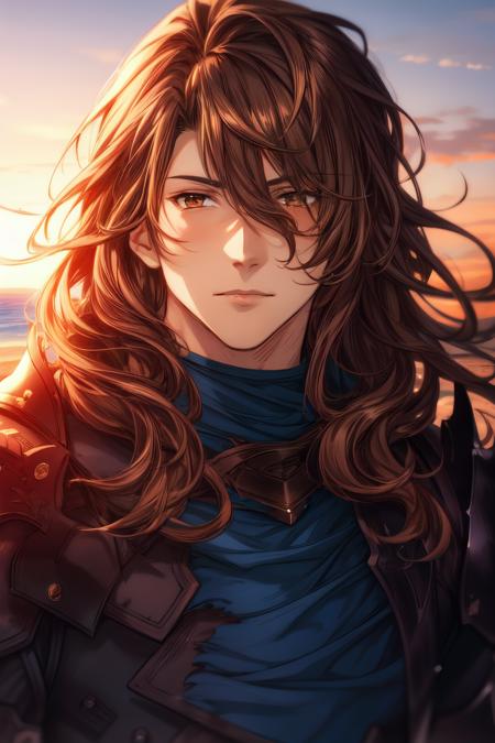 1boy, armor, beach, brown_hair, burning, cloud, cloudy_sky, dusk, embers, evening, fire, flaming_weapon, gauntlets, gradient_sky, holding, holding_sword, holding_weapon, horizon, long_hair, male_focus, molten_rock, mountain, mountainous_horizon, ocean, orange_sky, outdoors, planted, purple_sky, red_sky, scenery, shore, shoulder_armor, sky, solo, standing, sun, sunrise, sunset, sword, twilight, water, weapon, yellow_sky