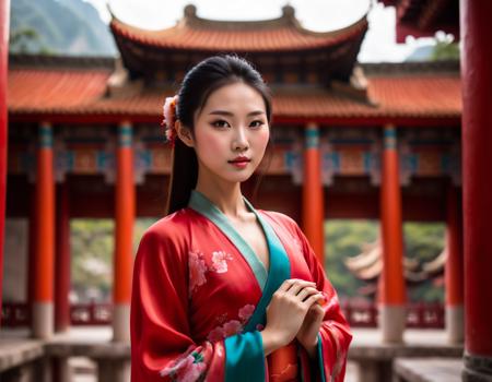 A Photograph of a young chinese woman in a realistic professional photoshoot, silk cloths, Capture her graceful beauty as she poses amidst a vibrant temple backdrop.