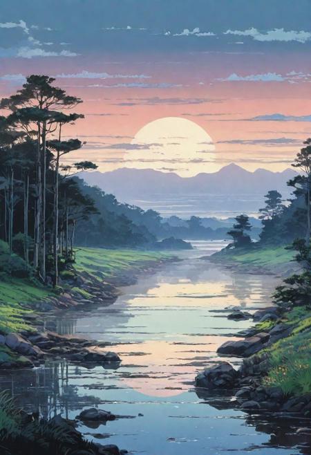 landscape, lo-fi style, epic, different bioms, horizon, different colours palette, pale colors, muted colors, vector, intricate details, highly detailed, soft, acryl, ink painting, strokes, blots, style of makoto shinkai