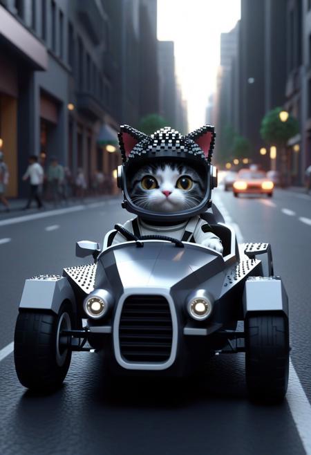 (voronoi, basalt, pixelized, voxels:1.3), closeup shot, from side, cute small classic sports car, astronaut cat driving, wear round goggles, wear animal ears helmet, run through on city street, cinematic, cinematic lighting, (masterpiece, best quality:1.4), ultra-high res, 4k, Photorealistic, insanely detailed, sfw,