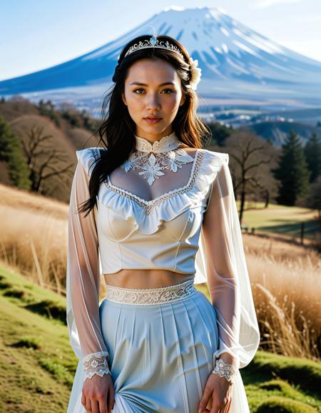 RAW full body analogue photo of a beautiful 25 years old woman, clear focus, high resolution image, Asian woman, dark hair, <lora:Ai_Lotus:0.75>,,  ,wearing A chiffon blouse with a high ruffled collar paired with a layered cotton skirt featuring lace trims. Add embroidered tights, heeled Mary Janes, and a velvet capelet. Accessorize with a pearl choker and a feathered headband, ,,photo Fantasy art combining the styles of Boris Vellejo and Luis Royo,Photorealistic, real photo, god rays, 1girl, 21yo,realistic, ,Sexy pose, erotic pose, exhibitionism, ,The Mount Fuji in Japan with its snow-capped peak and surrounding lakes
