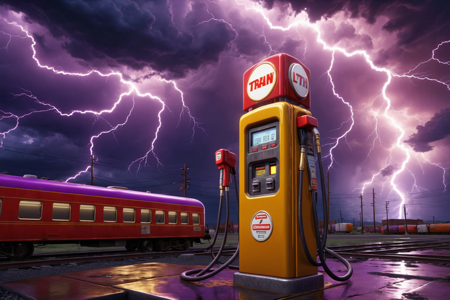 gas pump, made of golden and red lightning thunder trails, lthndrtrl, train yard, stormy sky background, best quality, vibrant colors, photorealistic style, high detail, hyper-realistic, highres, 4K resolution, realistic photo, masterpiece, ultra-detailed, lthndrtrl, red purple tones, electric glow, overhead shot, <lora:lightning_thunder_V1.1:0.3>