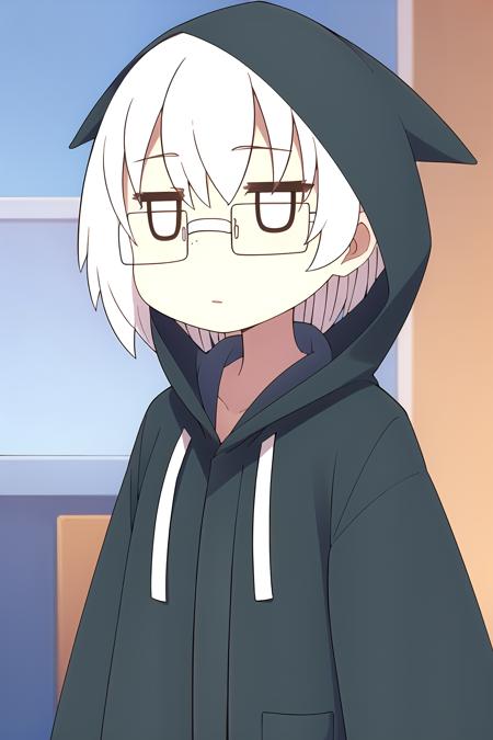 1girl, yamashita, white hair, glasses, hood, robes