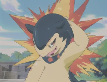 typhlosion, anime, back on fire, closed mouth, open mouth, smile, tongue, looking at viewer, standing, arm up, outdoors, sky, cloud