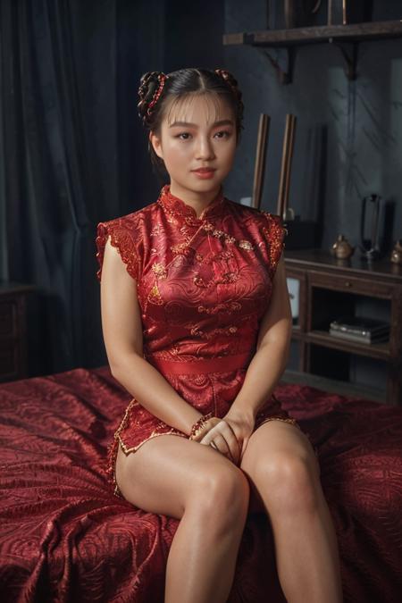 masterpiece, best quality, cinematic, volumetric lighting, very detailed, high resolution, sharp, sharp image, 4k, 8k, 35 mm,
<lora:ChunLi_MingNaWen_smf_lora_v01-000005:0.9>, 1girl, ch2nl1s7-smf, jewelry, double bun, sitting on bed, red chinese clothes