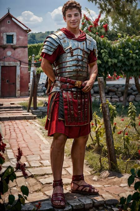 in a roman vineyard, YannisPaluan is wearing loriseg armor, (red tunic), (red shirt), (sandals), slight smile, masterpiece, (((full body portrait))), (full body), wide angle, <lora:loriseg:0.7> <lora:fantrome_v3:0.60>  <lora:YannisPaluan:0.8>