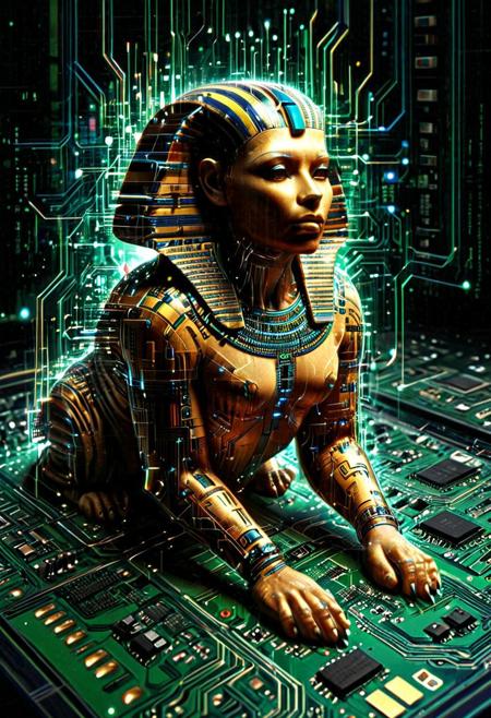 Sphinx made of circuit board, (TzigoCBS style) 
Pg-rating,
masterpiece ,amazing quality, best quality,ultra-detailed,8K,illustration, amazing quality, vivid colors, score_9_up,score_8_up, score_6_up,score_7_up, very aesthetic, detailed, shiny, glow, best artist, best shadows, best lighting, best textures, best contrast, epic background,