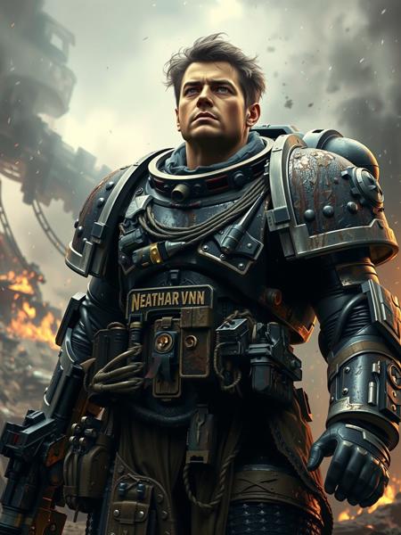 DeathW40K, A portrait of an imperial marine rising above a futuristic battlefield, mud covers the Neutral camouflage uniform and light protective gear, fearful facial expression, smoke and dust emanate from the burning ground.