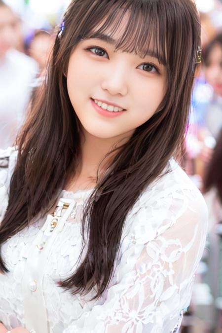 best quality, masterpiece, (photorealistic:1.3), a woman with long hair and a smile on her face is waving her hand up to the camera, 1girl, solo, shirt, black hair, looking at viewer, realistic, long hair, smile, bangs, brown eyes, nose, depth of field , Yabuki Nako,  <lora:Nako-obentoai-v1:1>