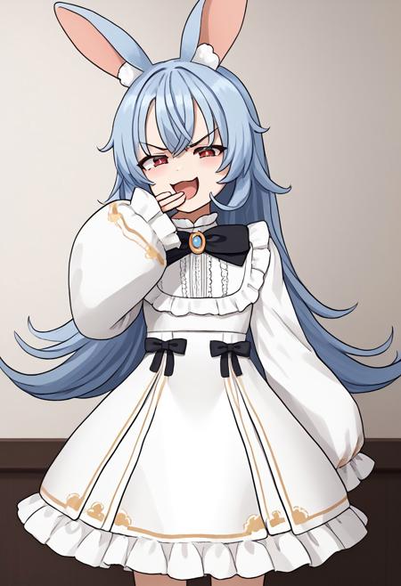 Nanobites, animal ears, long hair, blue hair, rabbit ears, animal ear fluff, red eyes, bangs, very long hair,    bow, dress, white dress, black bow, long sleeves, sleeves past wrists,  frills, sleeves past fingers, puffy sleeves Nanners, animal ears, bandaid, ahoge, blue hair, long hair, red eyes, streaked hair, white hair, black shirt, black shorts, collar, crop top, navel, short shorts, off-shoulder shirt, midriff, underwear, short sleeves