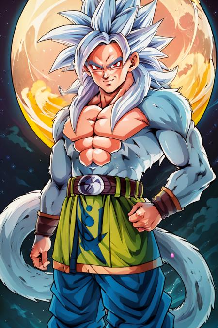 Super_Saiyan_5_Goku, 1boy, male focus, (white fur:1), red eyes, tail, white hair