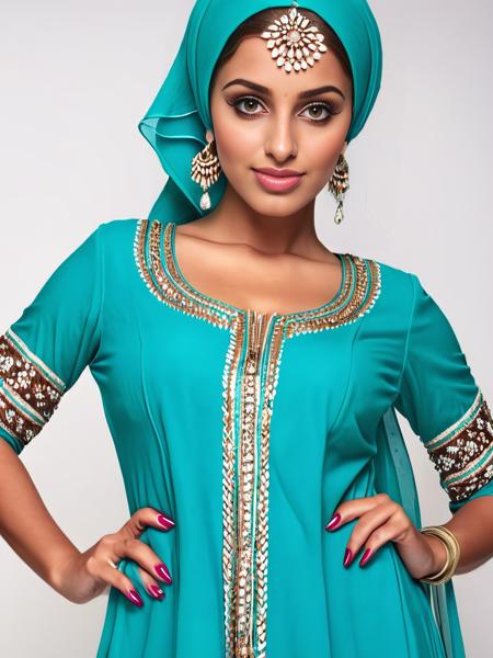 highres photo of 25 year old beautiful desimocha woman, (plain white background: 1.6), turqoise ethnic Punjabi Suit with head scarf, fashion photography, dynamic pose, facing viewer,  <lora:Desi_Coffee_V30_SDXL_LoRA:1>