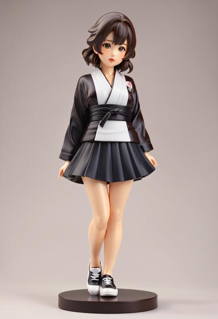 1girl, (asian:1.25) girl, figurine, anime style, dark brown hair, detailed hair, volume hair, radiant eyes, realistic, pretty face, detailed lips, glossy skin, simple background,  highly detailed traditional short yukkata, cute seakers, playful pose,
