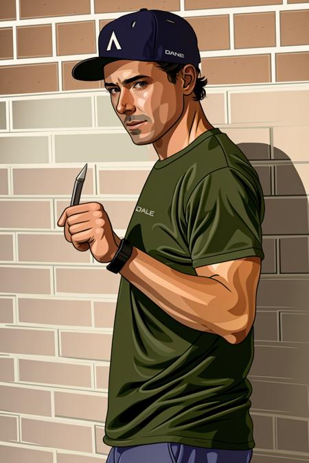 cell shading, drawing, a man holding a knife and fork in his hand , solo, shirt, 1boy, hat, holding, upper body, weapon, male focus, indoors, baseball cap, meme, watch, green shirt, wristwatch, brick wall