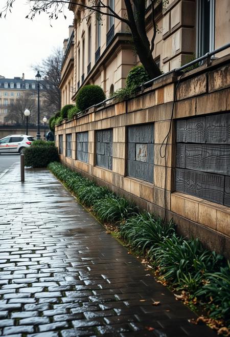 A beautifully lit and composed professional photograph in paris on the path along the river seine, wet cobblestones, high resolution, early morning rain, weathered limestone and wood, fine details of plants and trees, ultra realistic modern day scene,