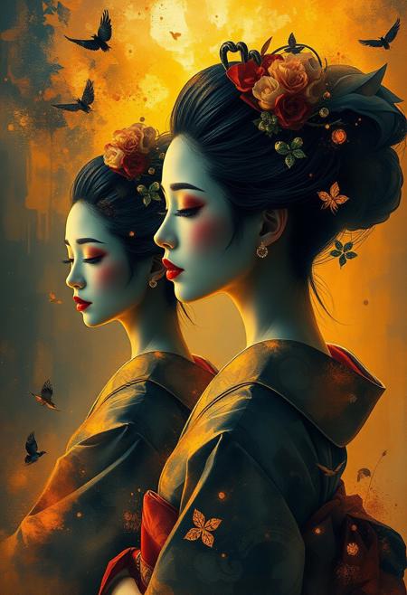 Abstract art depicting geishas with introspective gazes, warm golden glow, rich color palette, ethereal and spiritual vibe, expressing melancholy and serene mood through movement and a light aura.  Radiant and luxurious textures convey sensory experience and emotional intensity.