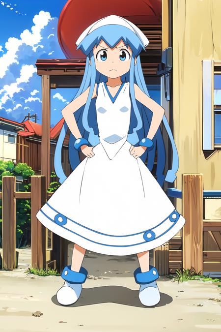 ((best quality)),((highly detailed)),masterpiece,absurdres,detailed face,beautiful face,(detailed eyes, deep eyes),(1girl),((dynamic pose)), <lora:squidgirl-19:1>, ika, dress, 1girl, hands on hips, sky, solo, blue eyes, blue hair, v-shaped eyebrows, hat, long hair, cloud, day, blue sky, tentacle hair, ocean, looking at viewer, standing, white dress, outdoors, sleeveless, horizon, white headwear, bracelet, frown, jewelry, full body, small breasts, sleeveless dress, closed mouth, very long hair, collarbone, water, cloudy sky, window, no humans, parody, breasts, railing, shoes, scenery, bangs, beach, boots, bare shoulders, indoors,,cowboy shot