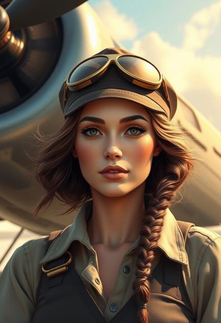 Masterpiece. Illustration of a beautiful woman, vintage aircraft pilot, early twentieth century, pilot cap, propeller plane in the background, high-res, semi realistic, best quality, intricate details, ultra details, good lighting, vibrant colors, very detailed, octane render, ray tracing,