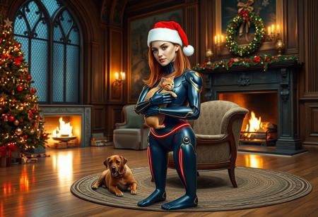 facing camera, beautiful woman's head with waist length red hair, wearing a Christmas hat, on a navy blue cyborg body with gold trim, face and eyes and neck are normal, hands properly formed with only 4 fingers and a thumb, her body has small breasts, both feet on the floor, red and green neon lights outline her legs and arms and encircling her midriff, bright studio lights are lighting her face, she's standing next to a Christmas tree, she's holding a cat in her arms, in a large well lit room in a castle, to the side of a large fireplace with a fire going, on the floor a few feet from the fireplace is an oval hand woven rug, on the rug one dog is resting to the side of the chair away from the woman's feet