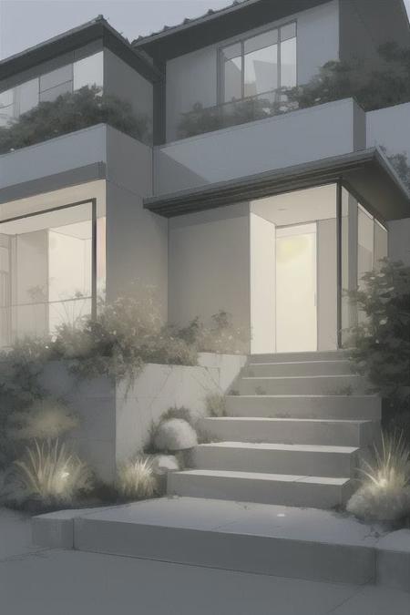 1 modern house architect sketch, grasses, light, simple background, <lora:architect_v2:.7> steps, stair, rocky hill