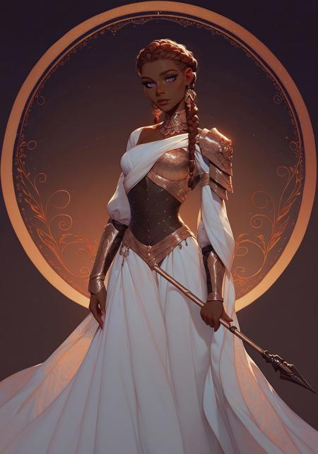 Masterpiece, core_9, score_8_up, score_7_up, score_6_up, Expressiveh, 1girl, dark brown skin, violet eyes, elegant face, golden geometric tattoos, braided burgundy hair, wearing scale armor, holding spear, oasis background, African girl, slender fit, sheer white robes,