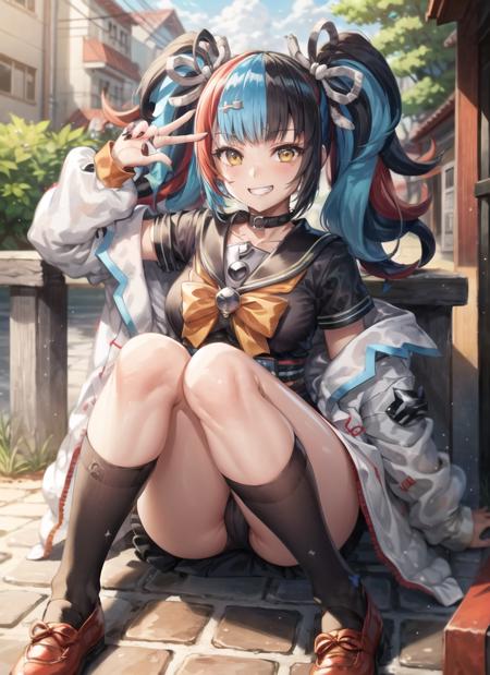 seishonagon, 1girl, solo, yellow eyes, twintails, solo, blue hair, multicolored hair, black hair, red hair, jacket, collar, serafuku, sailor collar, bowtie, red bow, obi, socks, white bag, handbag, red footwear, geta, ankle bow, nail polish, grin