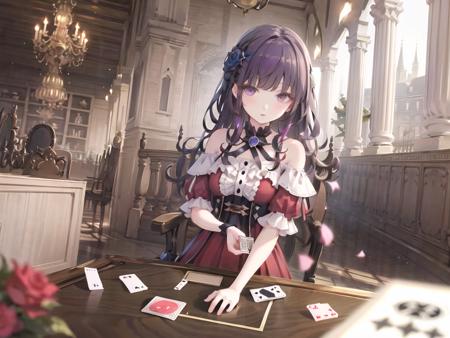 gloariah\(lora\), 1girl, solo, looking at viewer,  card, purple eyes, flower, petals, bangs, playing card, castle, red dress, black hair, short sleeves, rose, puffy sleeves, purple hair, red flower, outdoors,  blurry, building, depth of field, parted lips, off-shoulder dress,